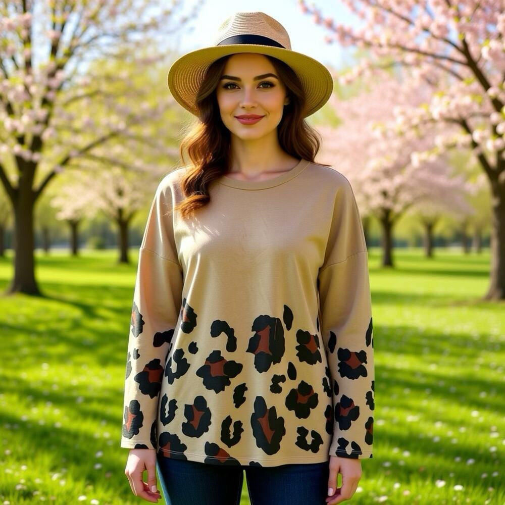Now N Forever Woman 1X Beige Leopard Print Long Sleeves Blouse Top Soft Comfort